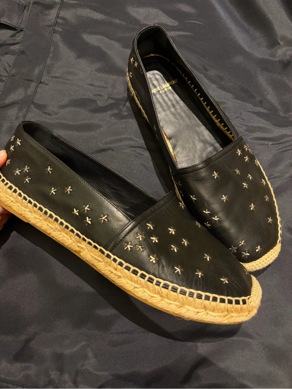 Saint Laurent Black Leather Espadrilles with Gold Star Stitching